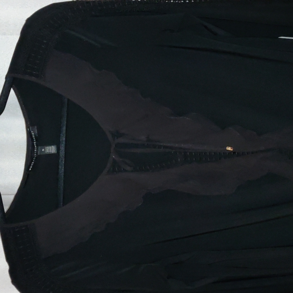White House Black Market, S, Black Top with ruffles and crochet trim.